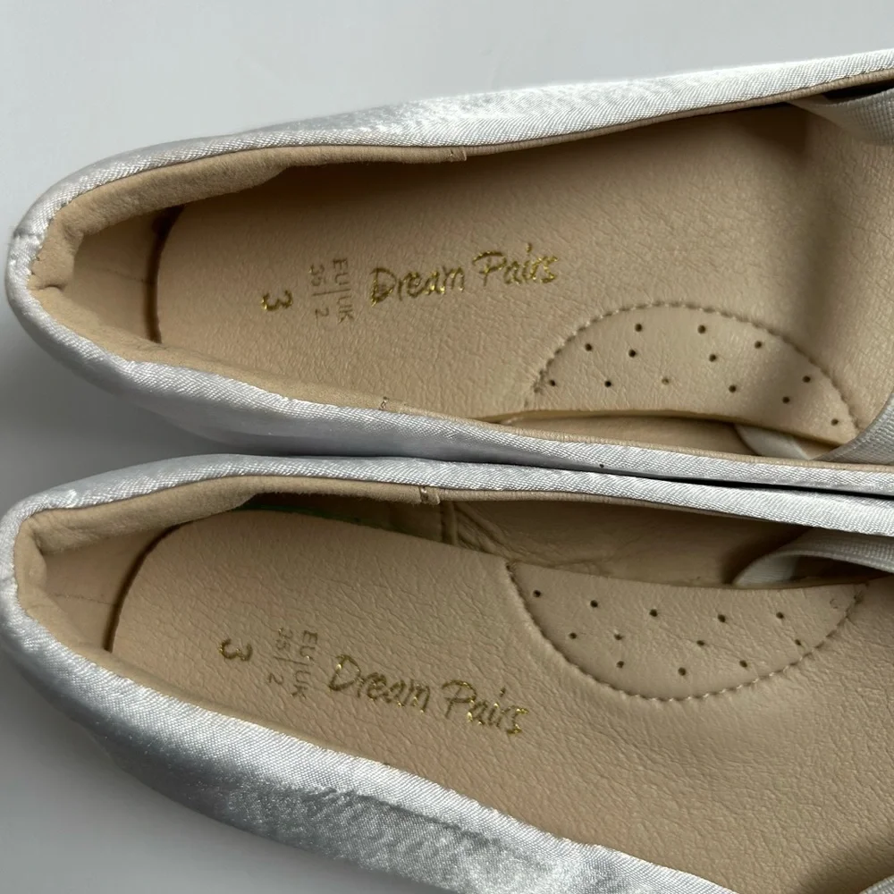 DREAM PAIRS Girl's Mary Jane Pearl Ballerina Flats White Satin Silver‎ Beads 3
